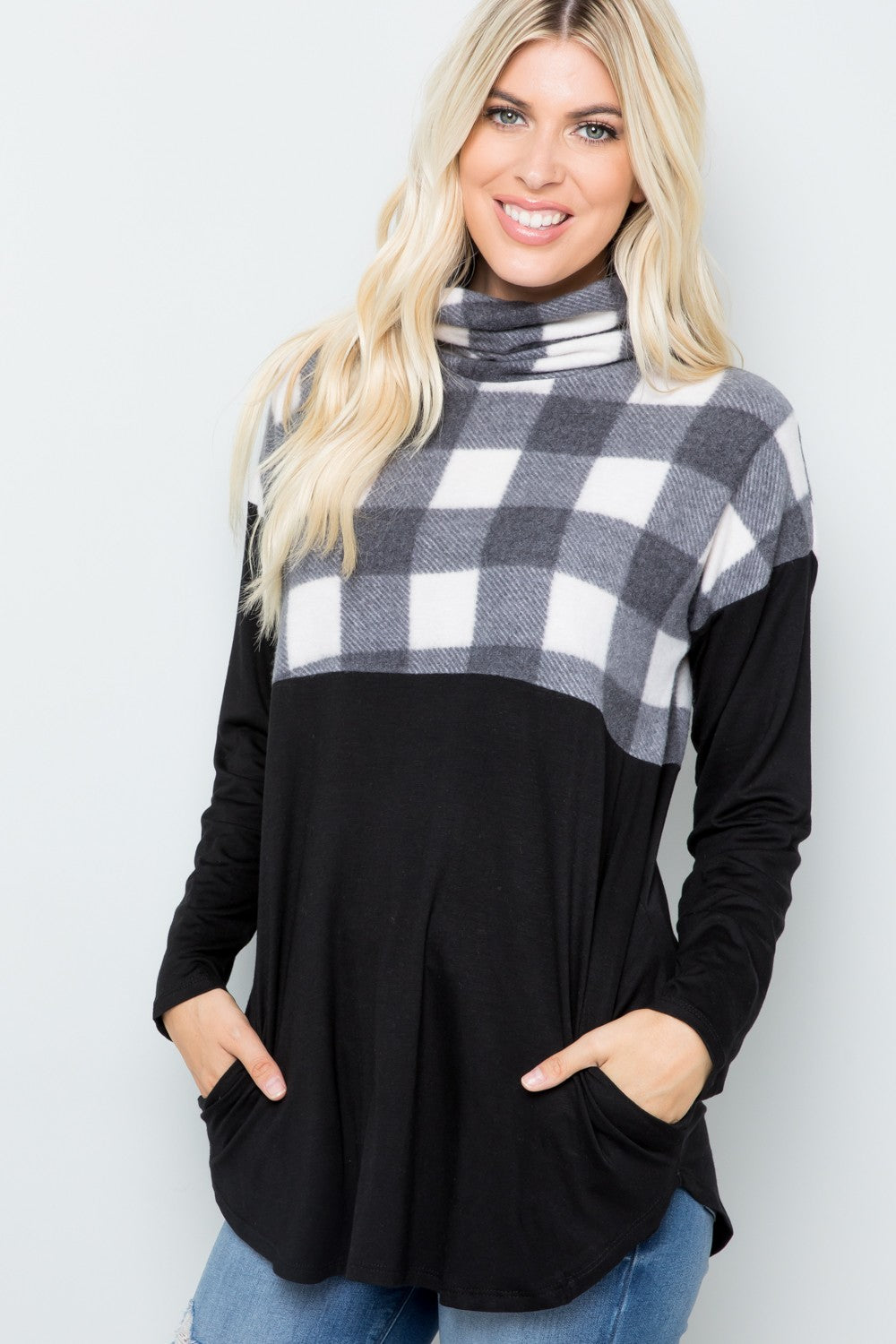 Celeste Full Size Pocketed Plaid Turtleneck Long Sleeve Blouse Long Sleeve Tops JT's Designer Fashion