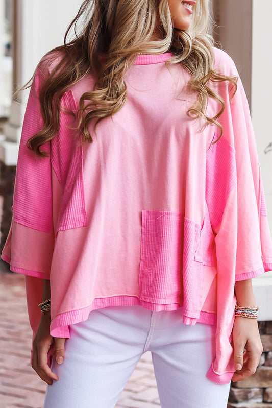 Pink Color Block Patchwork 3/4 Sleeve Loose Top Tops & Tees JT's Designer Fashion