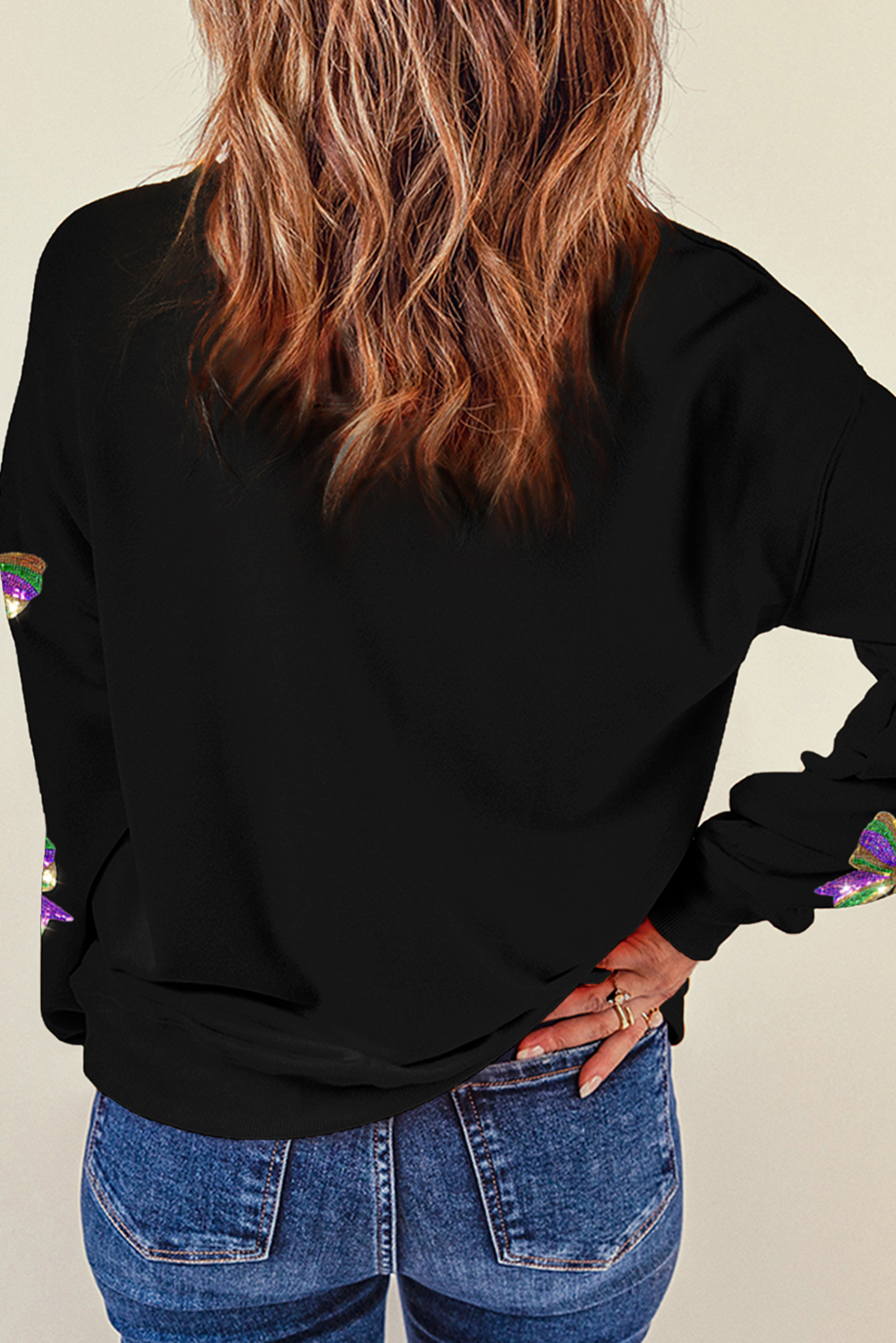 Black Sequin Mardi Gras Bow Graphic Drop Shoulder Pullover Sweatshirt Graphic Sweatshirts JT's Designer Fashion