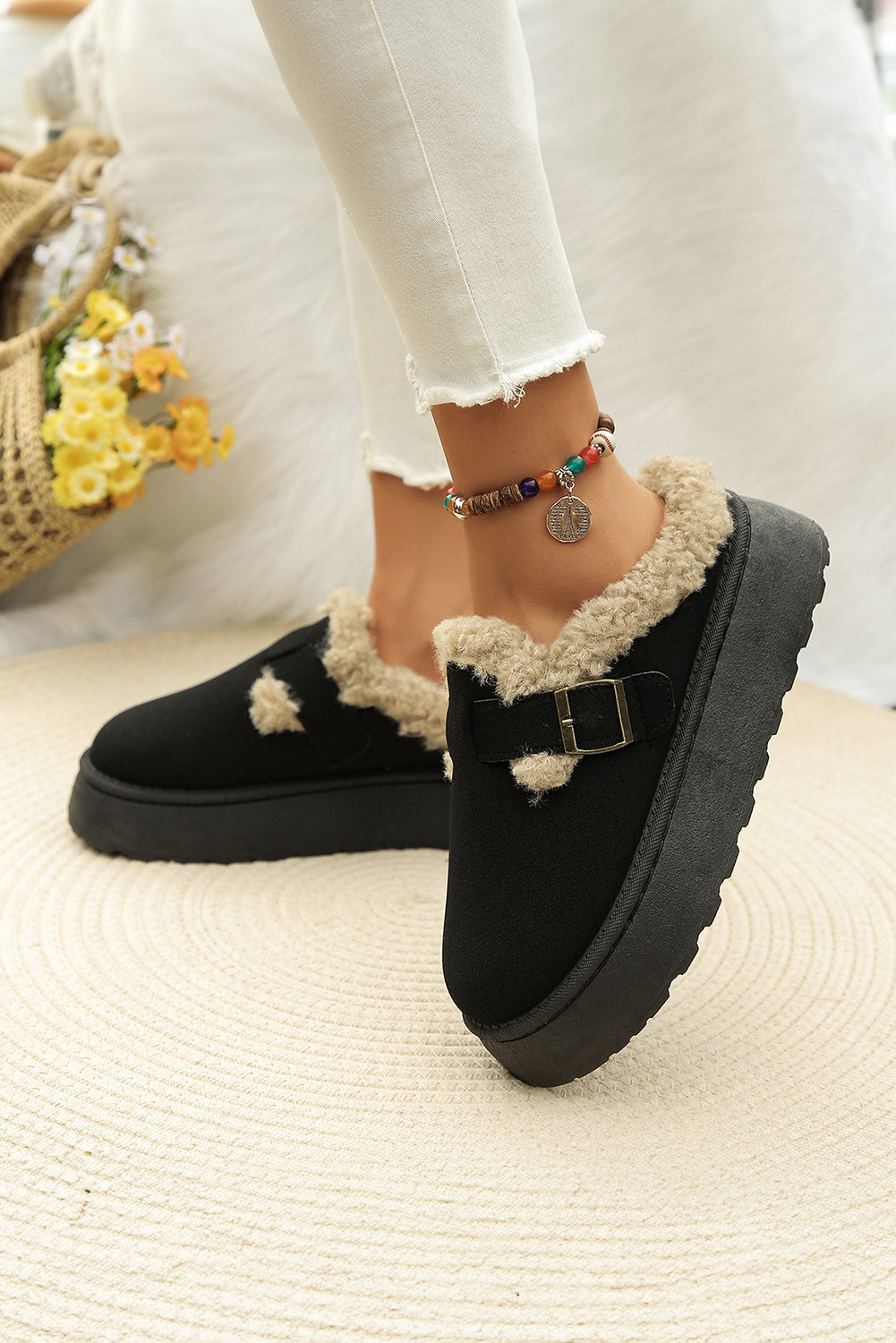 Black Plush Patched Buckle Decor Thick Sole Thermal Slippers Slippers JT's Designer Fashion