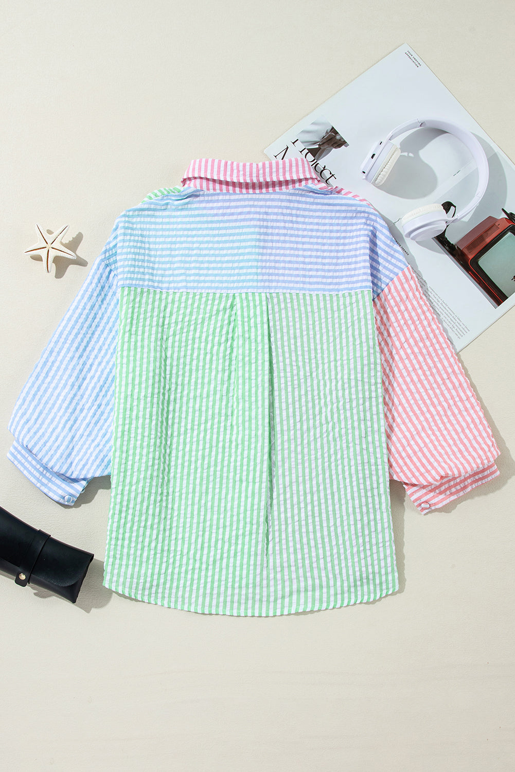 Pink Stripe Color Block Balloon Sleeve Buttoned Loose Fit Shirt Blouses & Shirts JT's Designer Fashion