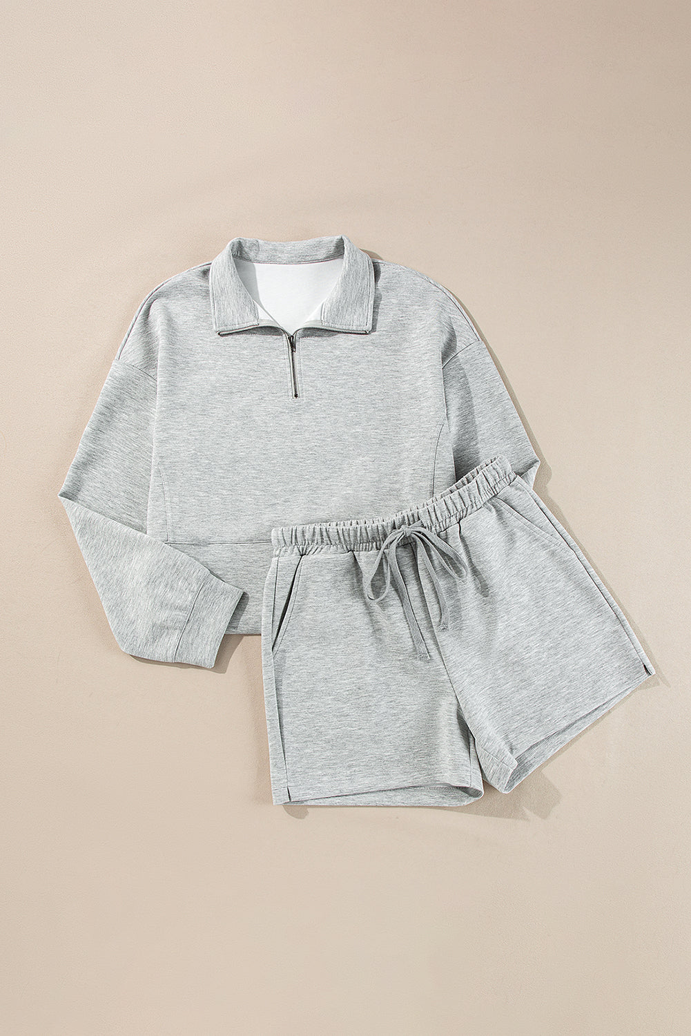 Light Grey Stand Neck Zipped Sweatshirt and Shorts Set Short Sets JT's Designer Fashion