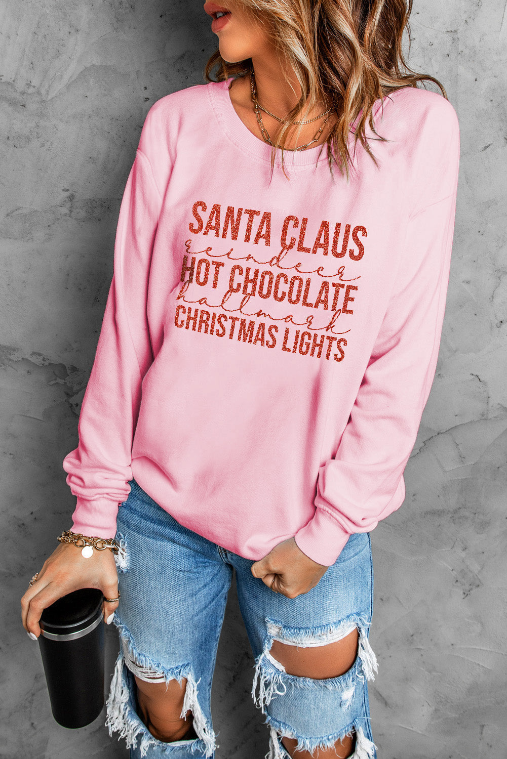 Pink Christmas Letters Glitter Pattern Print Pullover Sweatshirt Graphic Sweatshirts JT's Designer Fashion