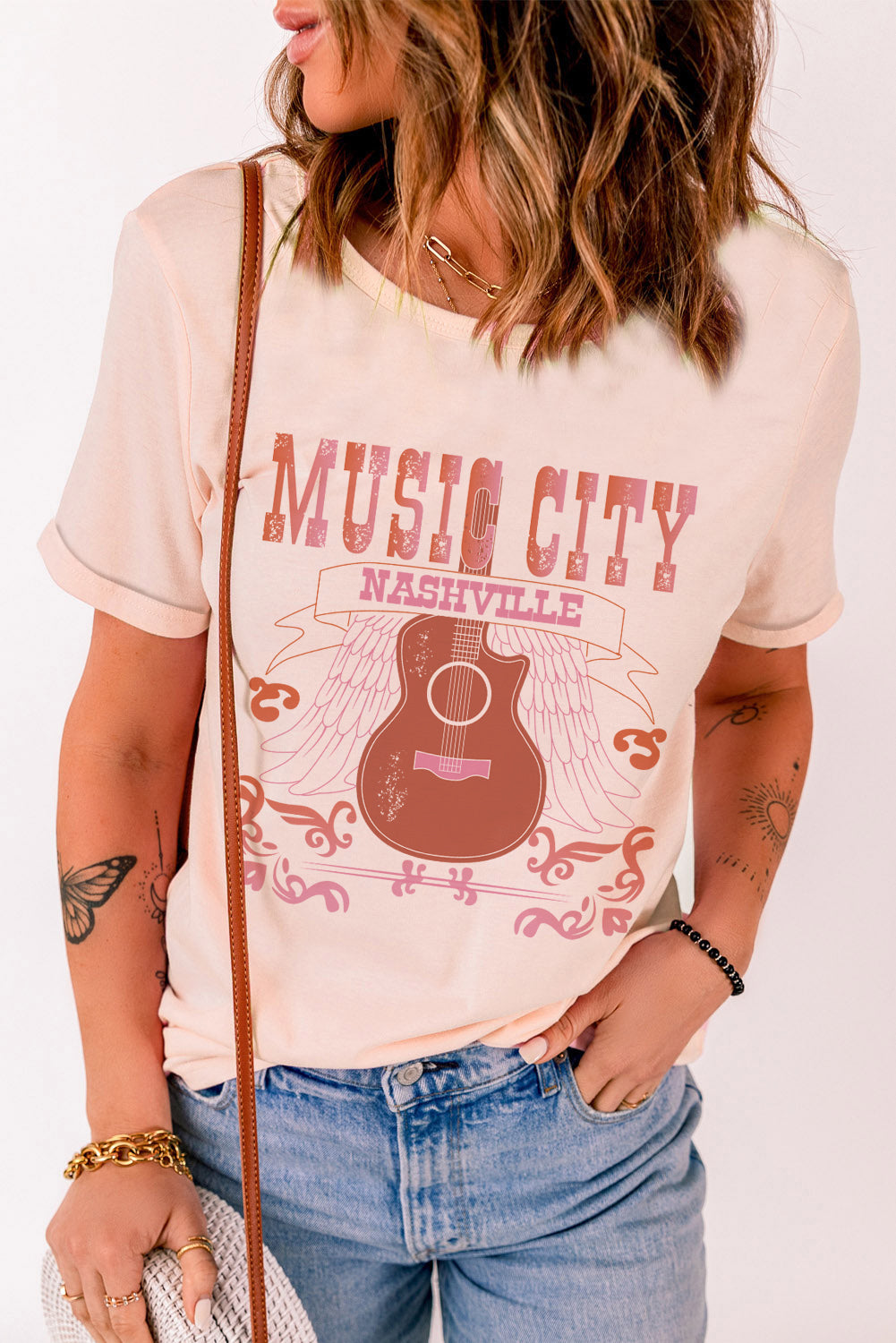 Pink Crew Neck MUSIC CITY Guitar Graphic T Shirt Graphic Tees JT's Designer Fashion