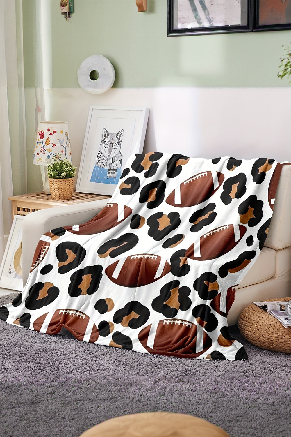 White Leopard & Rugby Print Flannel Blanket 130*150cm Other Accessories JT's Designer Fashion