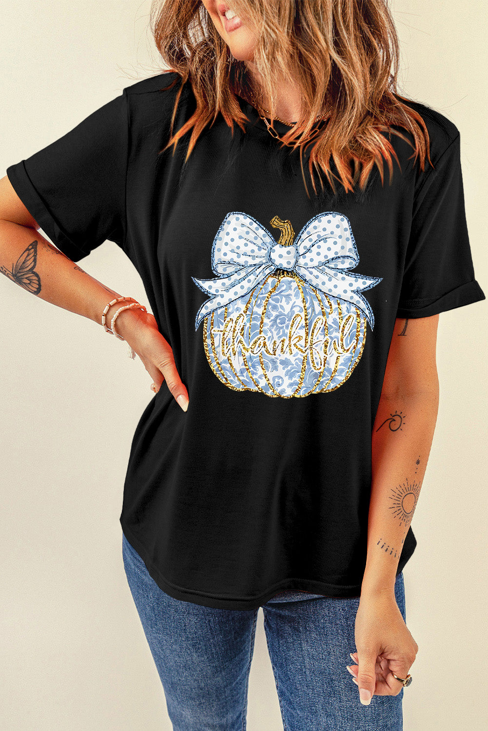 Black Polka Dot Bow Knot Thankful Pumpkin Graphic T Shirt Graphic Tees JT's Designer Fashion