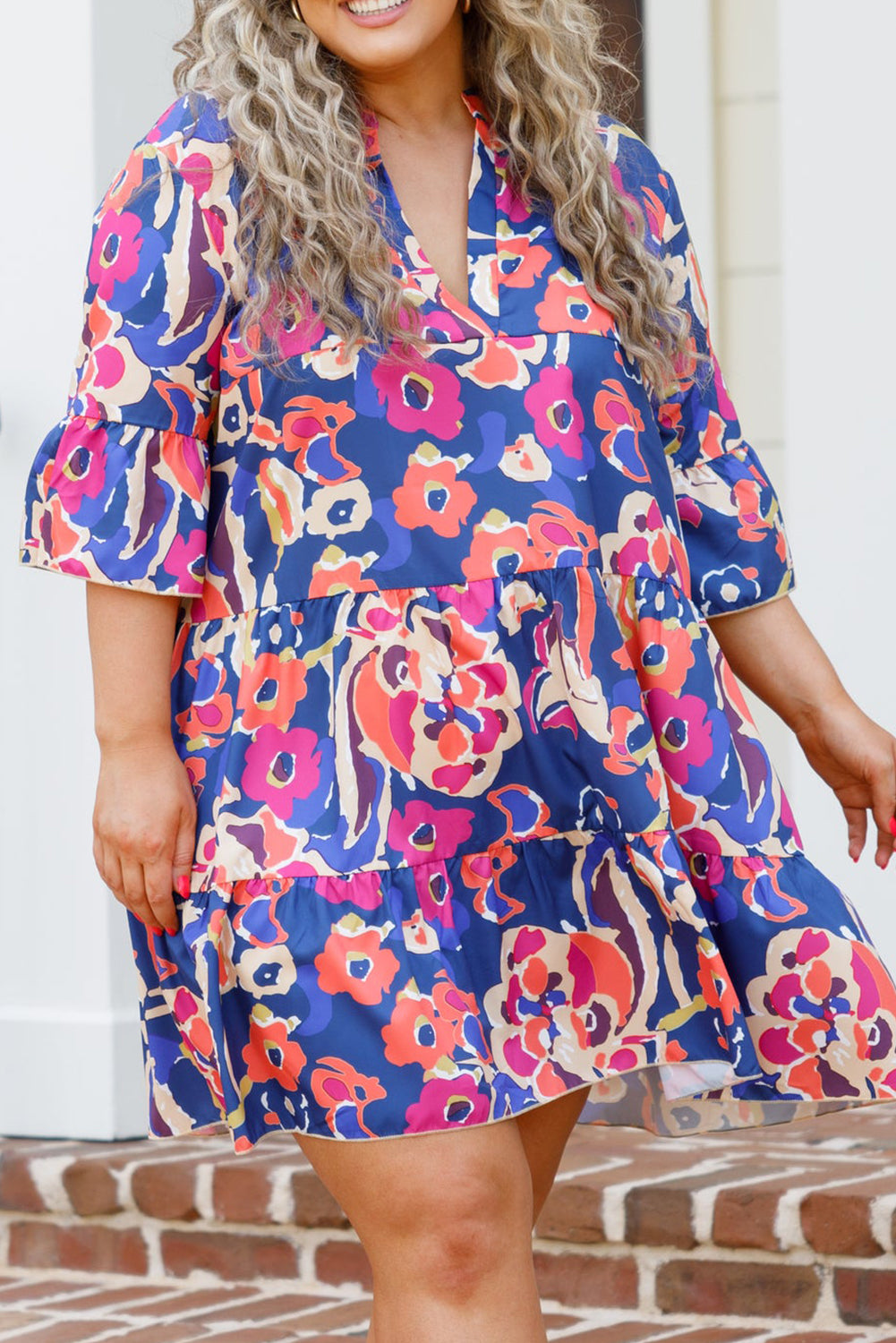 Blue Plus Size Floral Print Ruffled 3/4 Sleeve Mini Dress Plus Size JT's Designer Fashion