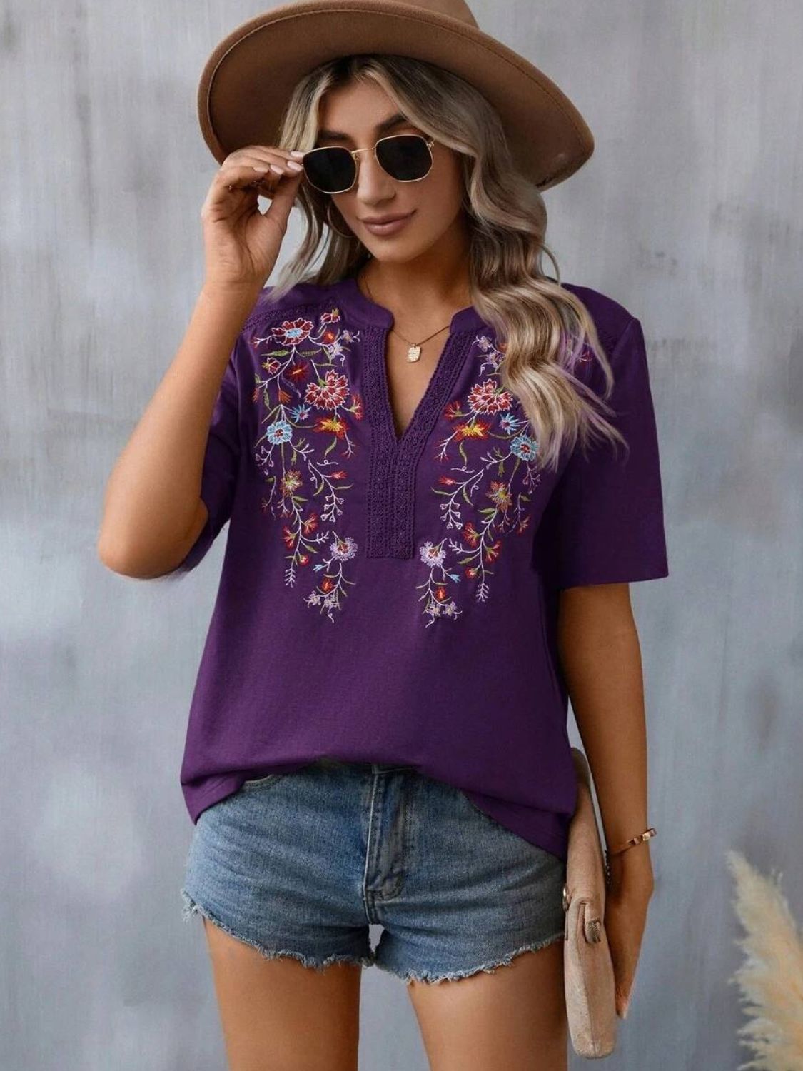 Embroidered Notched Short Sleeve T-Shirt Violet Blouses & Shirts JT's Designer Fashion