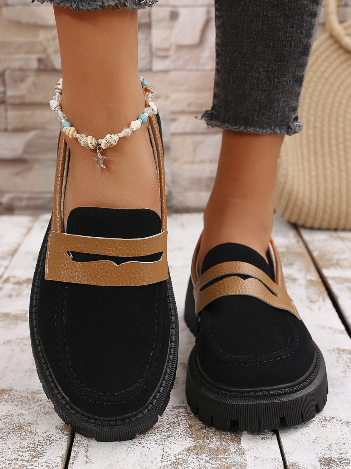 Contrast Suede Platform Loafers Black Shoes JT's Designer Fashion