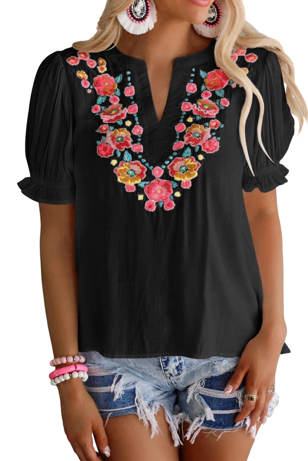 Black Floral Embroidered Ruffled Puff Sleeve Blouse Blouses & Shirts JT's Designer Fashion