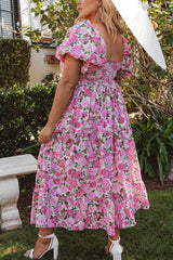 Pink Dainty Floral Smocked Puff Sleeve Flowy Long Dress Maxi Dresses JT's Designer Fashion