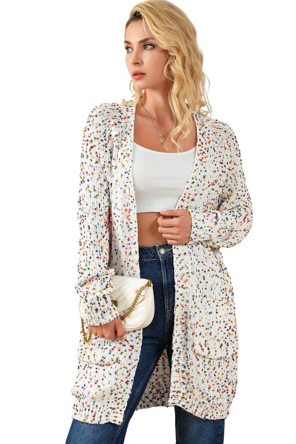 White Rainbow Popcorn Speckles Open Front Cardigan Sweaters & Cardigans JT's Designer Fashion