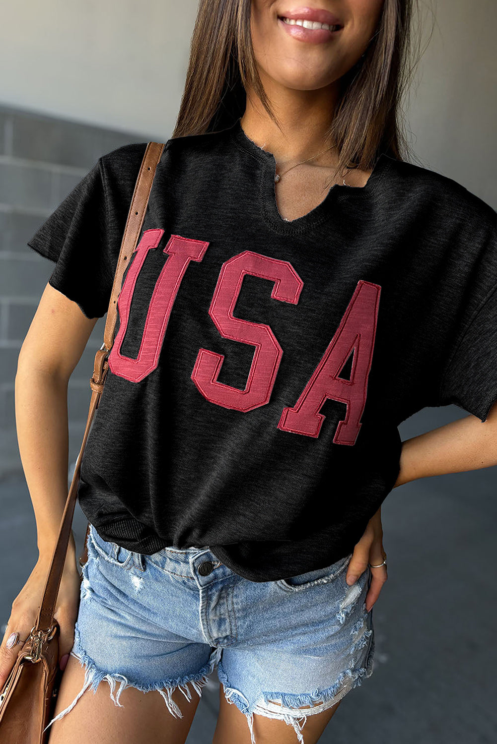 Black USA Lettering Patch Notched Neck Loose Tee Tops & Tees JT's Designer Fashion