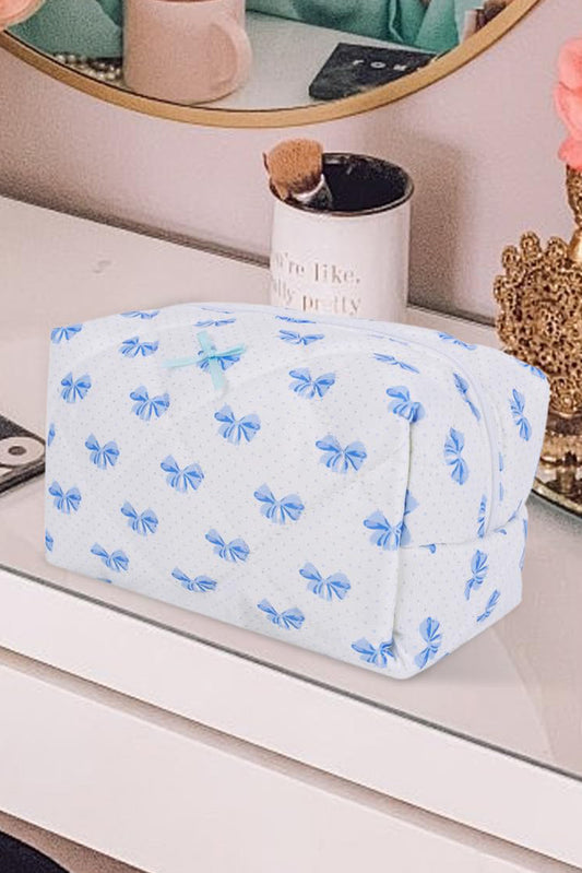 Sky Blue Bow Knot Quilted Zipper Makeup Bag Makeup Bags JT's Designer Fashion