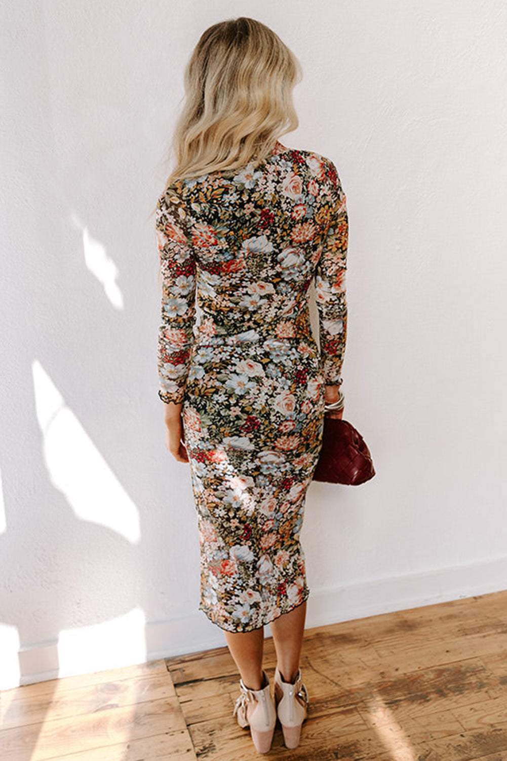 Brown Floral Allover Print Mock Neck Bodycon Long Sleeve Midi Dress Floral Dresses JT's Designer Fashion