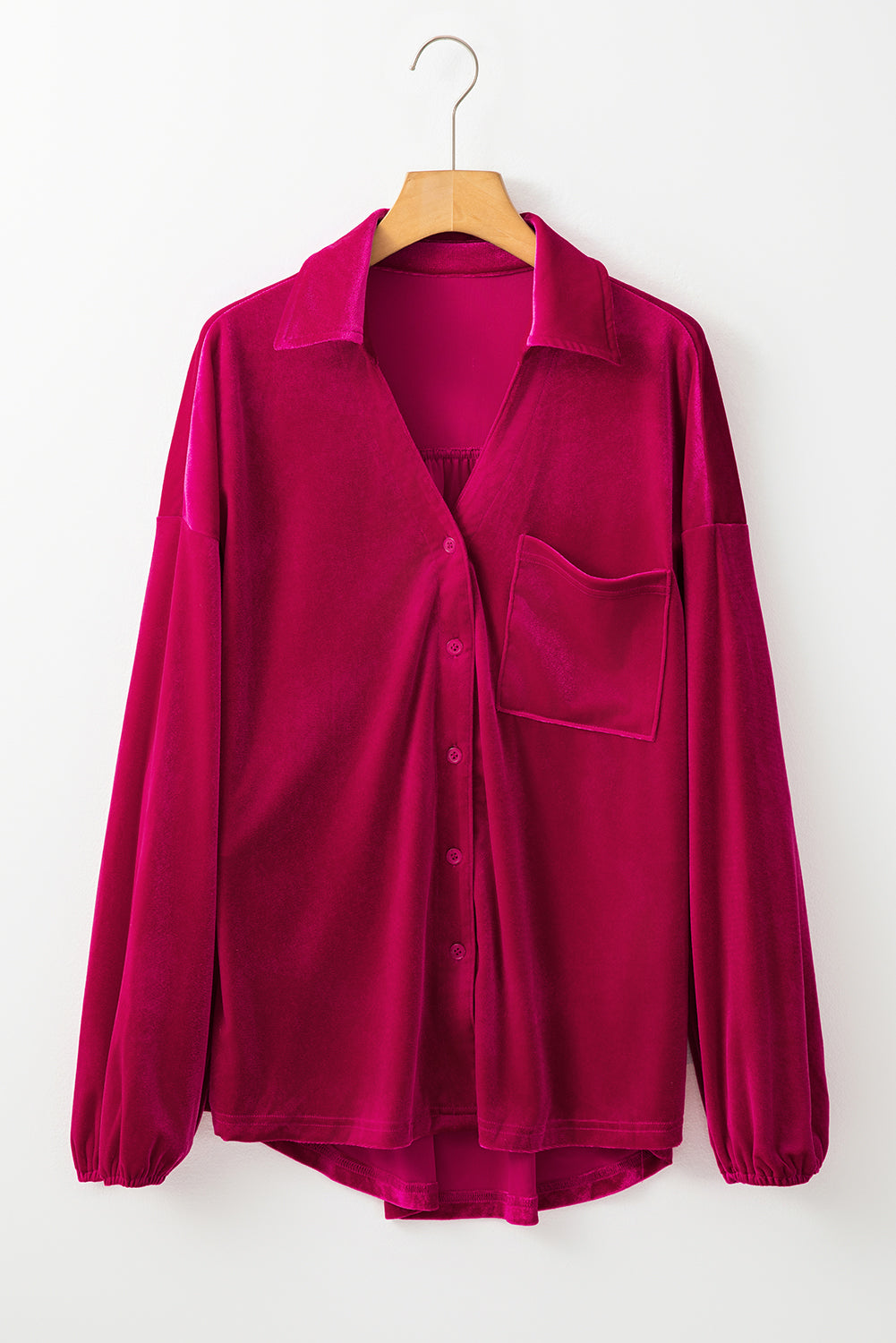 Pitaya Pink Buttoned V Neck Chest Pocket Velvet Shirt Blouses & Shirts JT's Designer Fashion