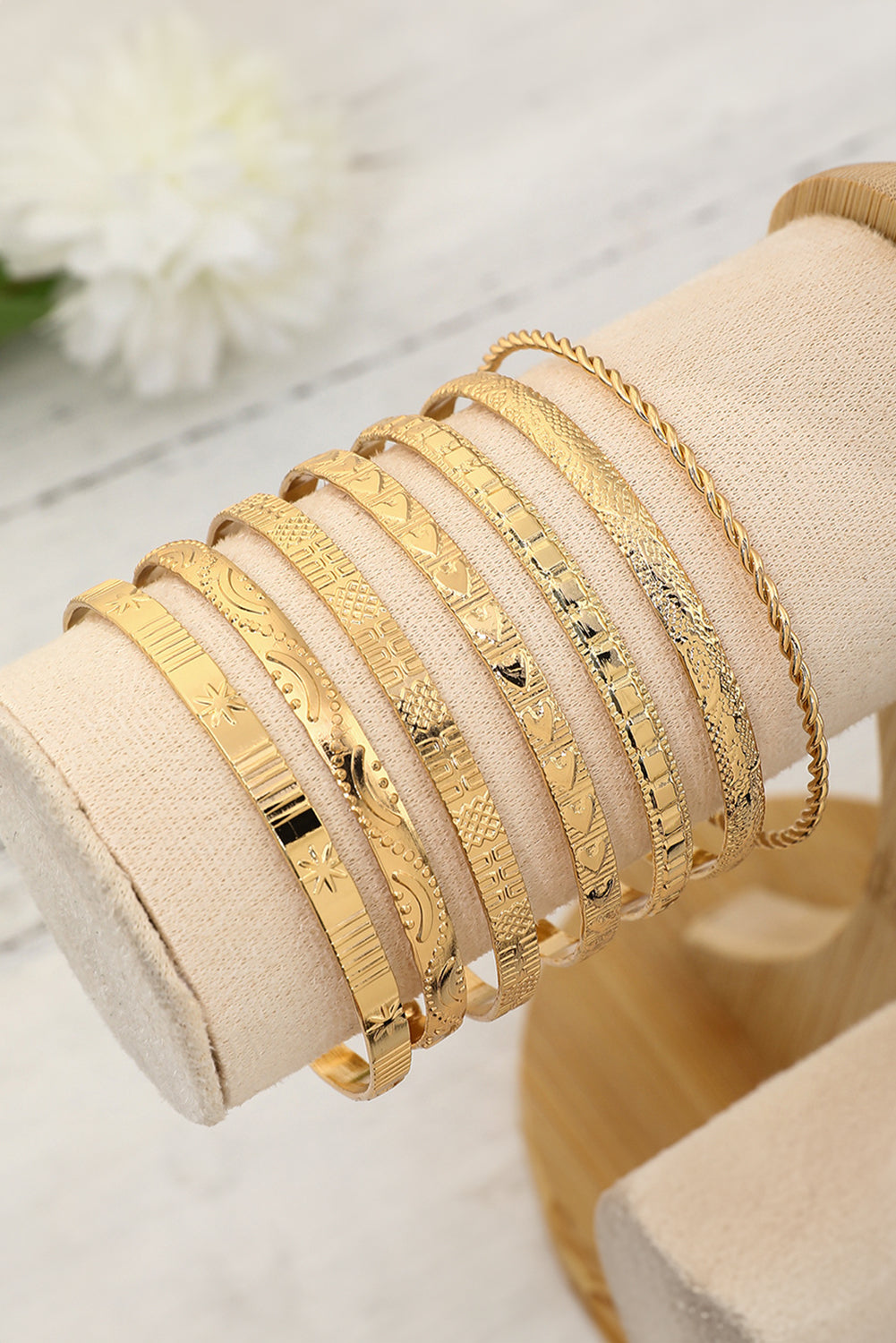 Gold 7pcs/set Textured Plated Open Alloy Bangle Set Jewelry JT's Designer Fashion