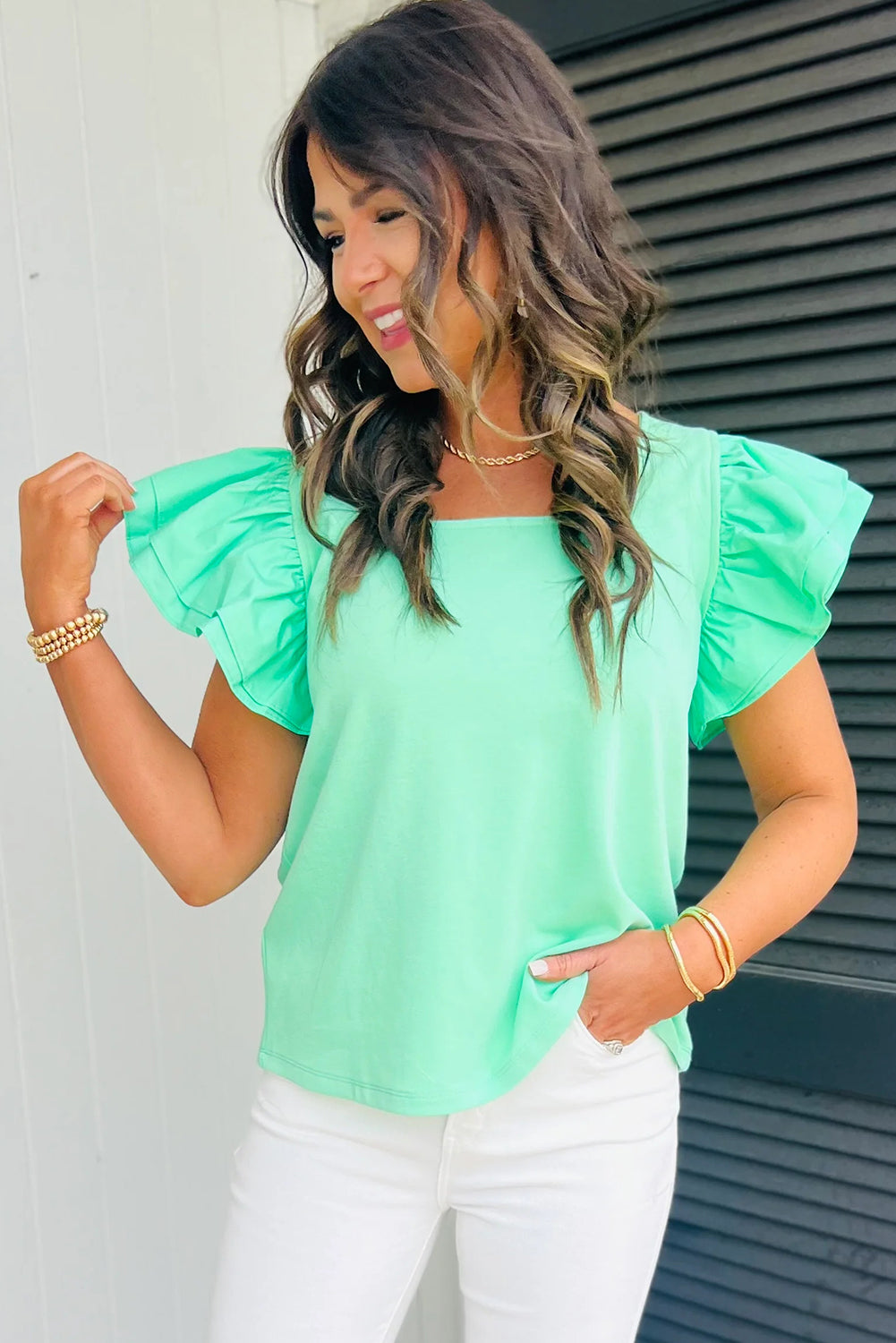 Mint Green Ruffled Patchwork Flutter Sleeve Square Neck Top Tops & Tees JT's Designer Fashion