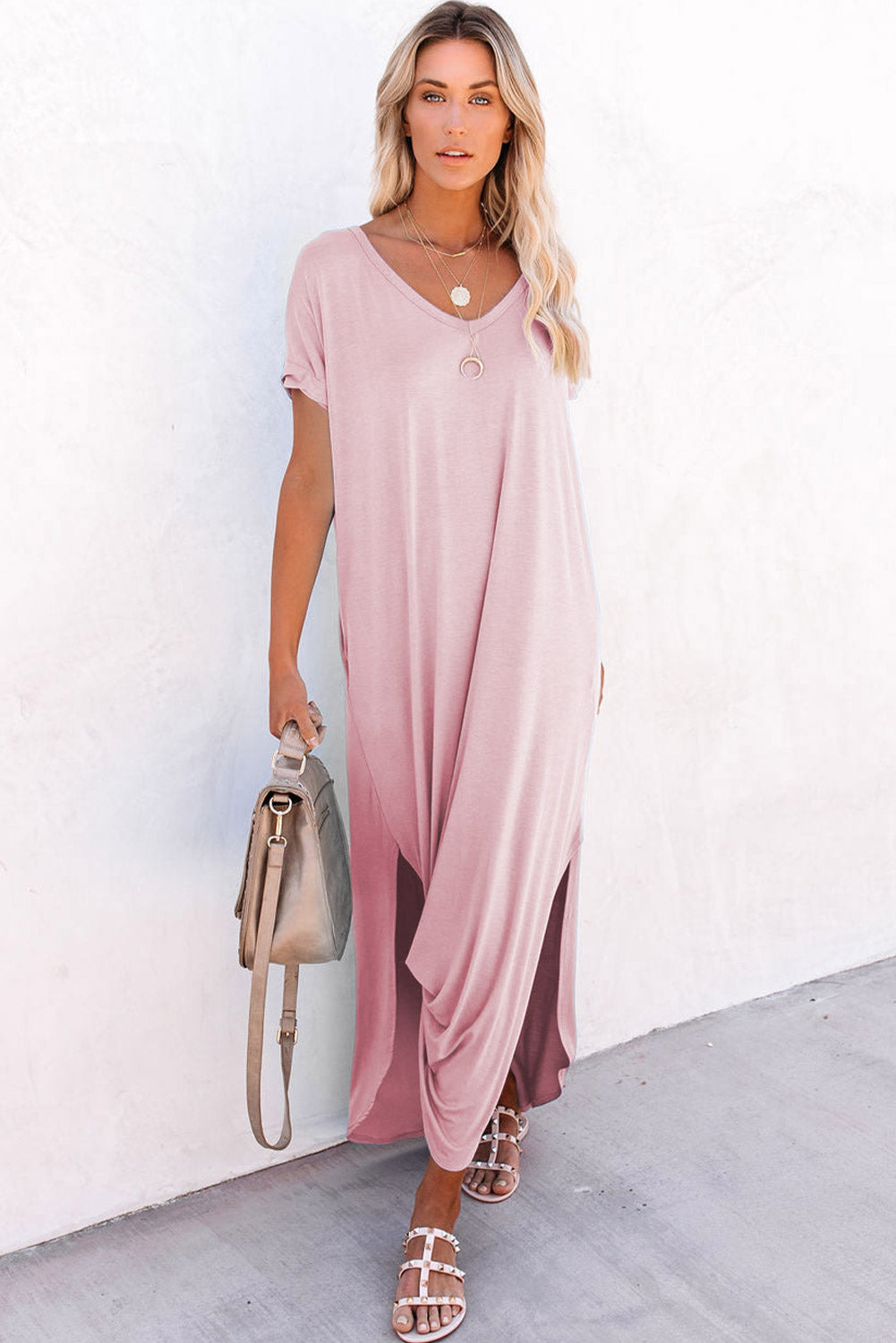 Pink V Neck Hidden Pocket Splits Maxi T-shirt Dress T Shirt Dresses JT's Designer Fashion