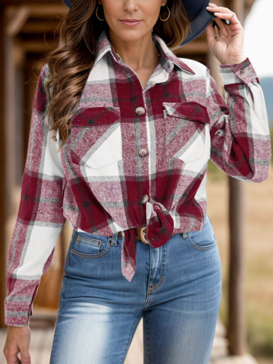 Full Size Pocketed Plaid Collared Neck Shacket Burgundy Long Sleeve Tops JT's Designer Fashion