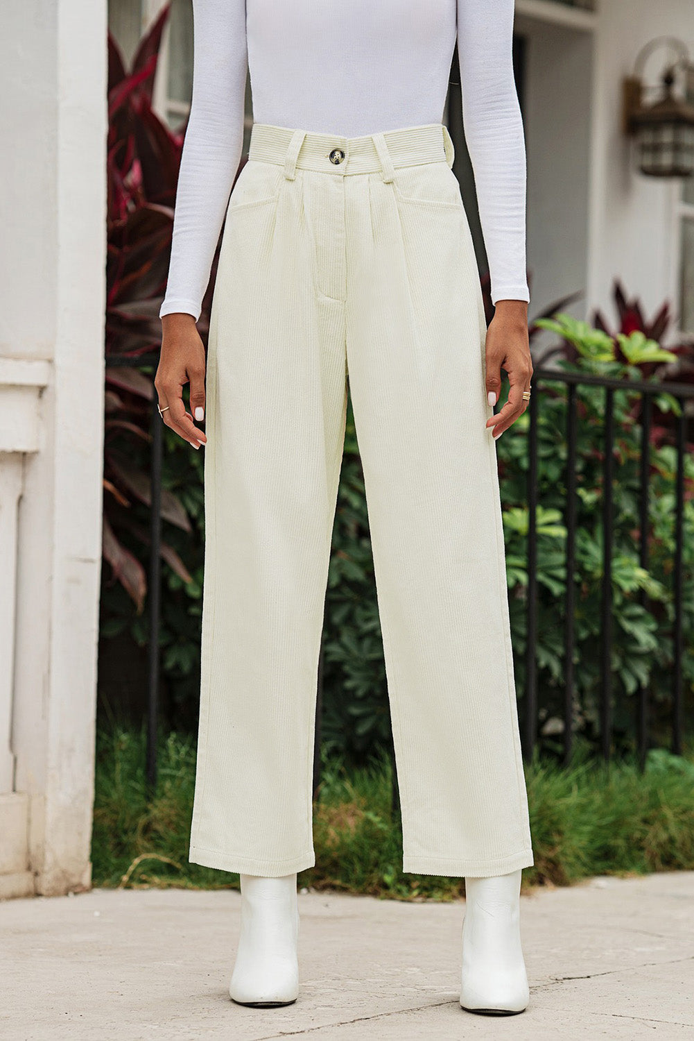 Beige Corduroy High Waist Straight Leg Pants Pants & Culotte JT's Designer Fashion