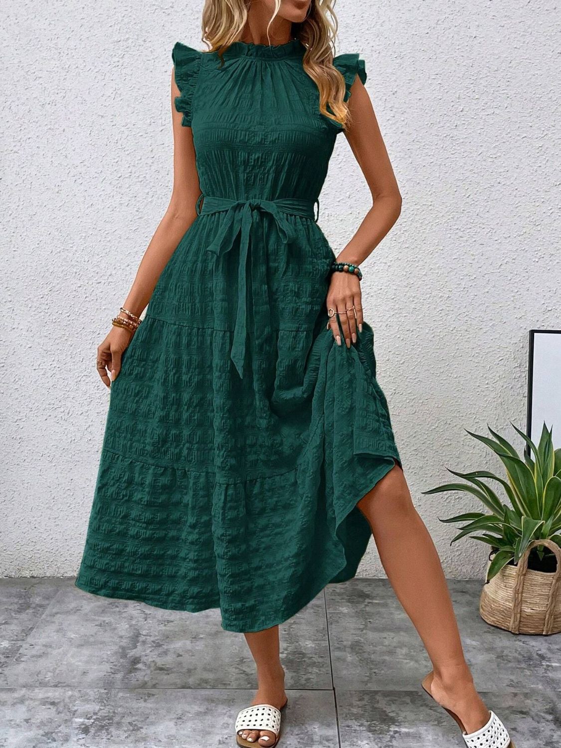 Tied Ruffled Cap Sleeve Midi Dress Dark Green Midi Dresses JT's Designer Fashion