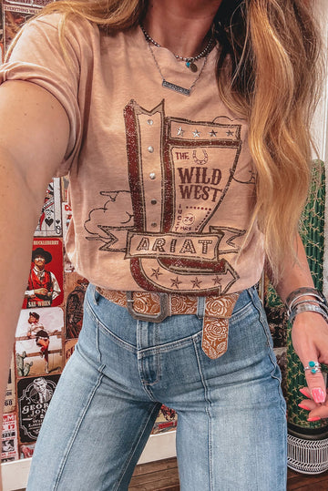 Apricot Pink Star Studded WILD WEST ARIAT Arrow Graphic T Shirt