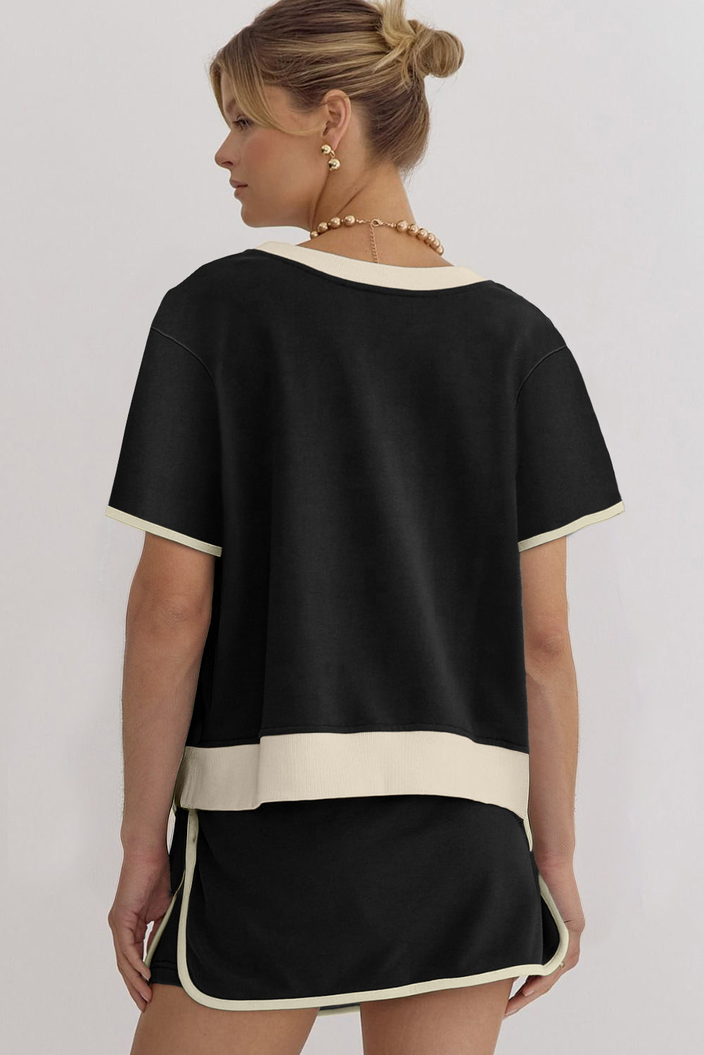 Black Colorblock Edge Drop Shoulder T Shirt and Skort 2Pcs Set Two Piece Dresses JT's Designer Fashion