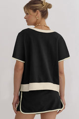 Black Colorblock Edge Drop Shoulder T Shirt and Skort 2Pcs Set Two Piece Dresses JT's Designer Fashion