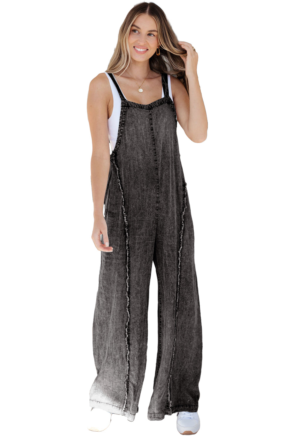 Dark Grey Light Wash Frayed Exposed Seam Wide Leg Denim Overall Jumpsuits & Rompers JT's Designer Fashion