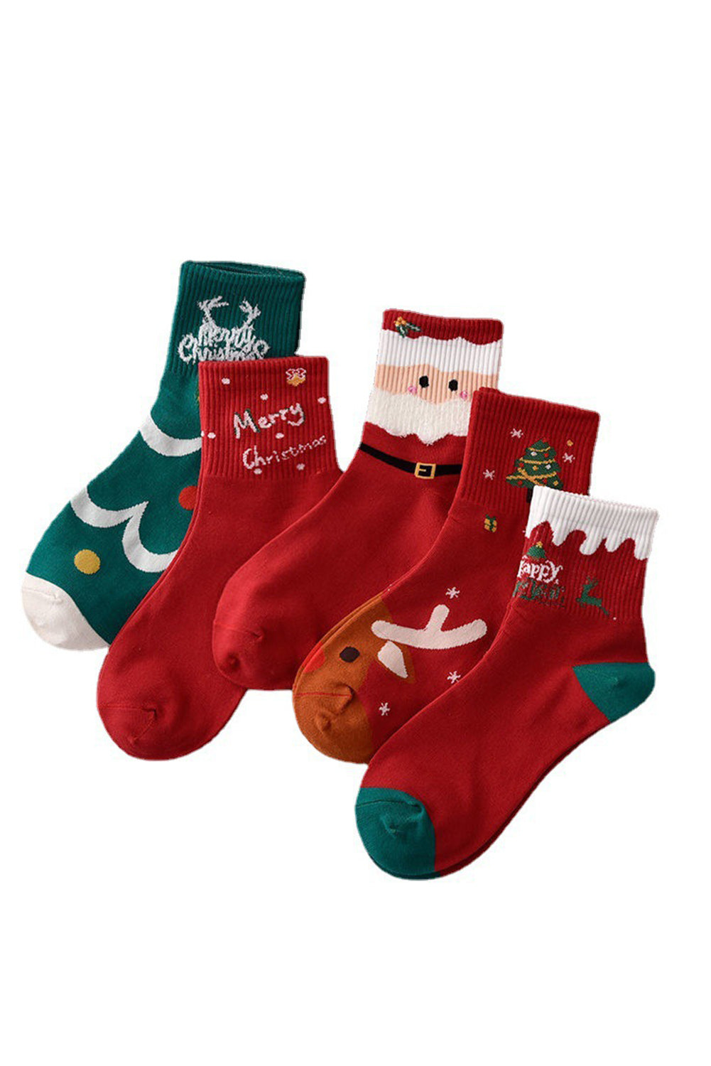 Fiery Red 5 Pairs Festive Merry Christmas Cartoon Print Socks Socks JT's Designer Fashion