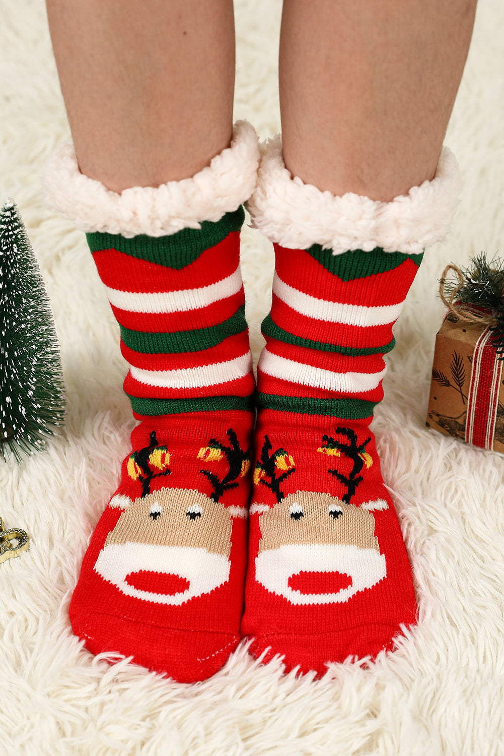 Fiery Red Christmas Cartoon Pattern Woolen Knit Socks Socks JT's Designer Fashion