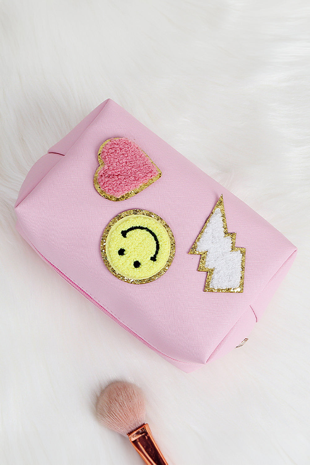 Pink Smiley Face Chenille Patched PU Zipper Makeup Bag Makeup Bags JT's Designer Fashion