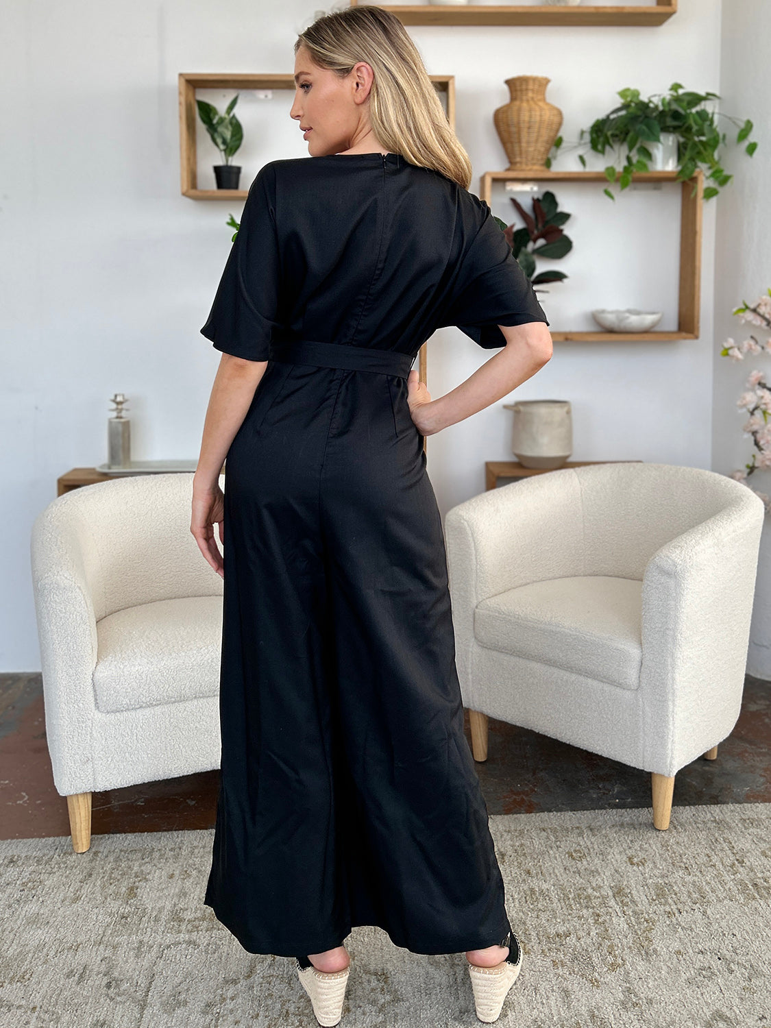 Double Take Full Size V-Neck Tied Side Slit Jumpsuit Jumpsuits & Rompers JT's Designer Fashion