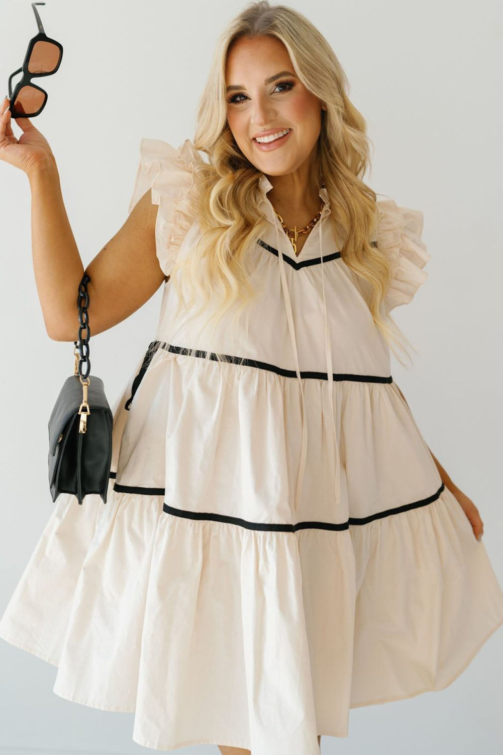 Beige Ruffled Sleeve Contrast Pipings Tiered Flowy Plus Dress Plus Size JT's Designer Fashion