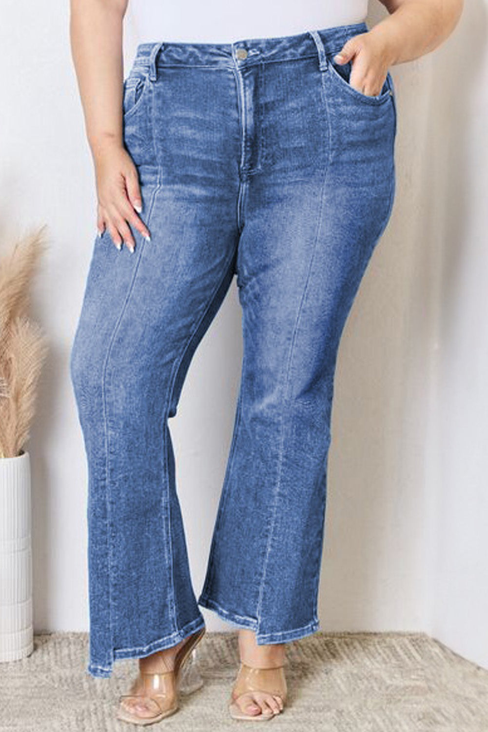 Blue Plus Size Exposed Seam High Waist Flare Jeans Blue 65%Cotton+33%Polyester+2%Elastane Plus Size Bottoms JT's Designer Fashion