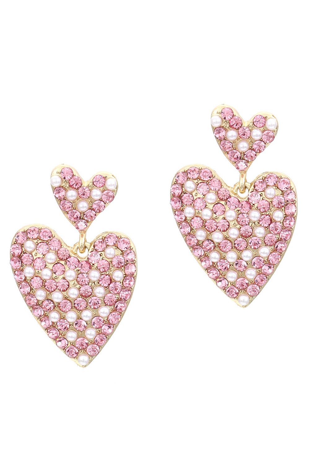 Pink Rhinestone Pearl Dual Heart Shape Valentine Earrings Jewelry JT's Designer Fashion