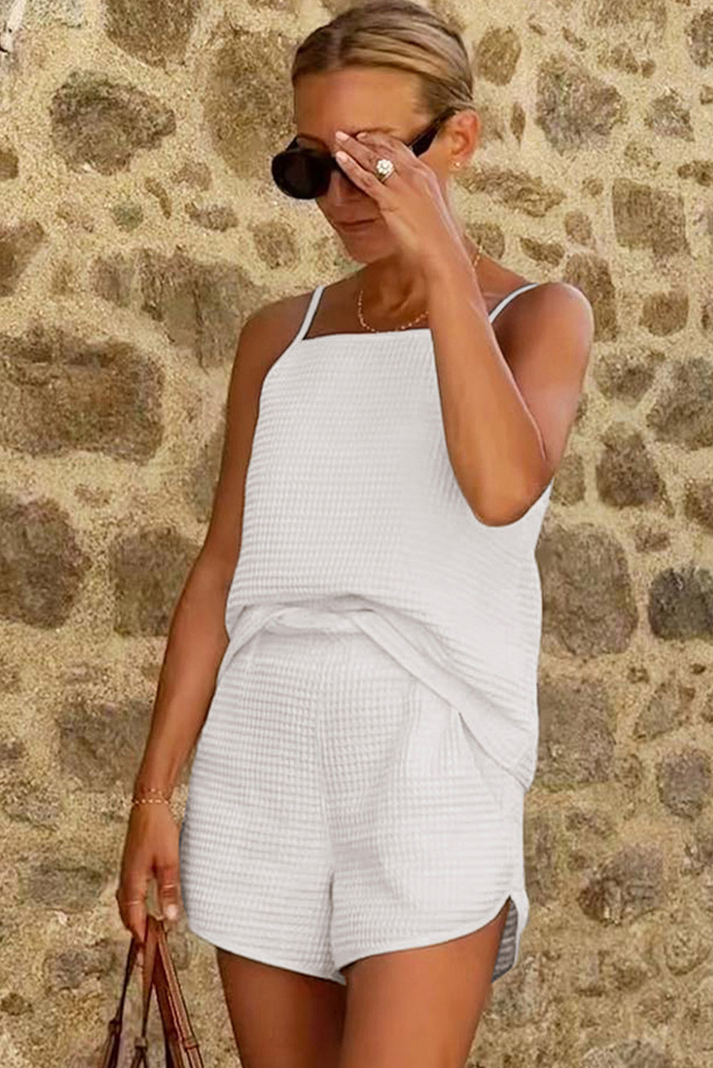 White Waffle Knit Textured Spaghetti Straps Cami and Shorts Set Pre Order Bottoms JT's Designer Fashion