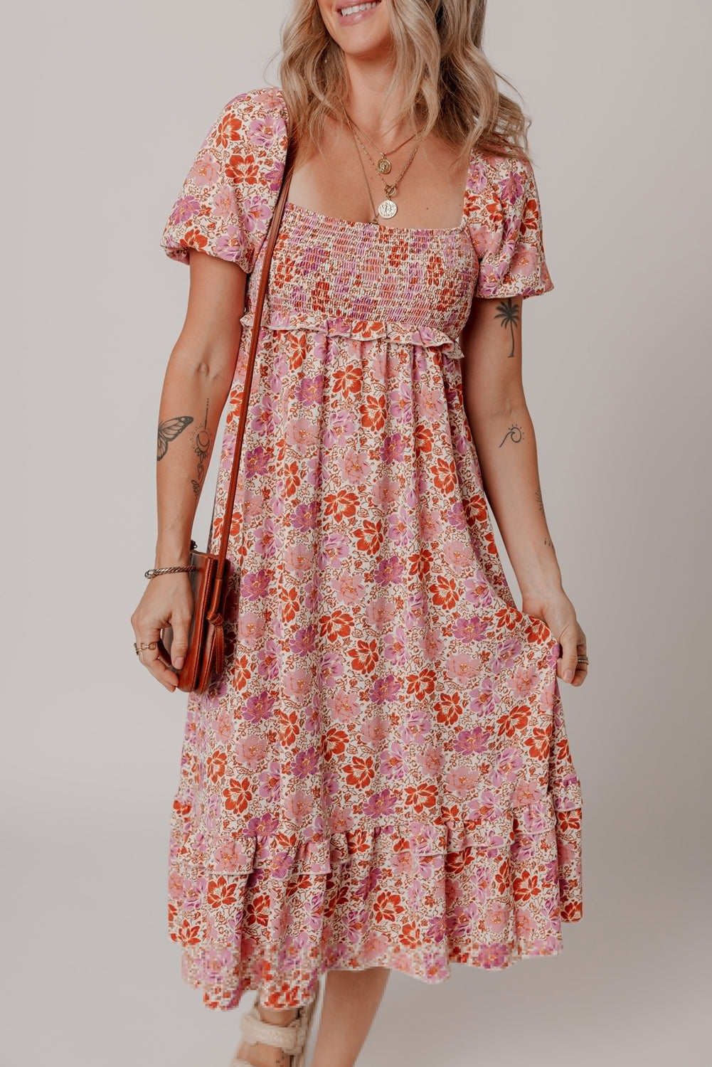 Pink Floral Square Neck Knotted Ruffle Midi Dress Floral Dresses JT's Designer Fashion