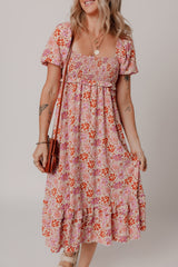Pink Floral Square Neck Knotted Ruffle Midi Dress Floral Dresses JT's Designer Fashion