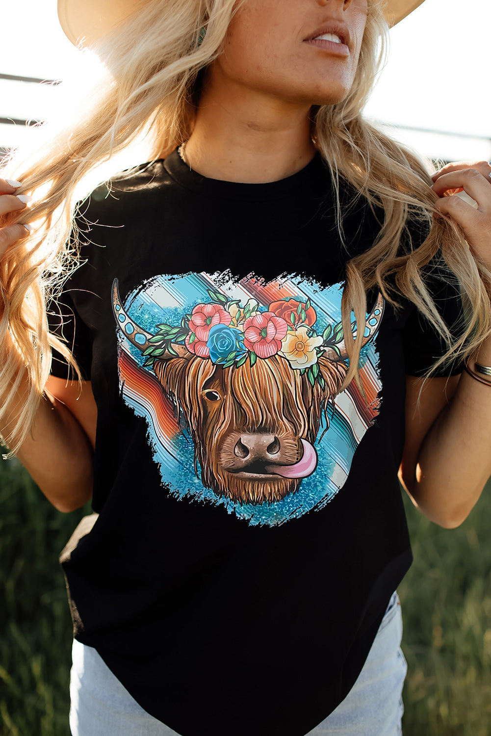 Black Serape Floral Steer Head Graphic Western T-shirt Graphic Tees JT's Designer Fashion