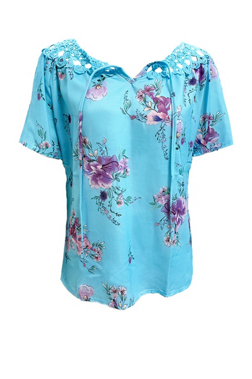 Full Size Printed Tie Neck Short Sleeve Blouse Blouses & Shirts JT's Designer Fashion