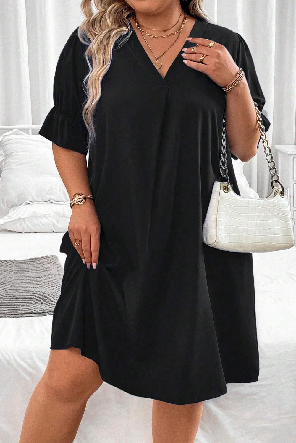 Black Solid Ruffled Puff Sleeve V Neck Plus Size Mini Dress Plus Size JT's Designer Fashion