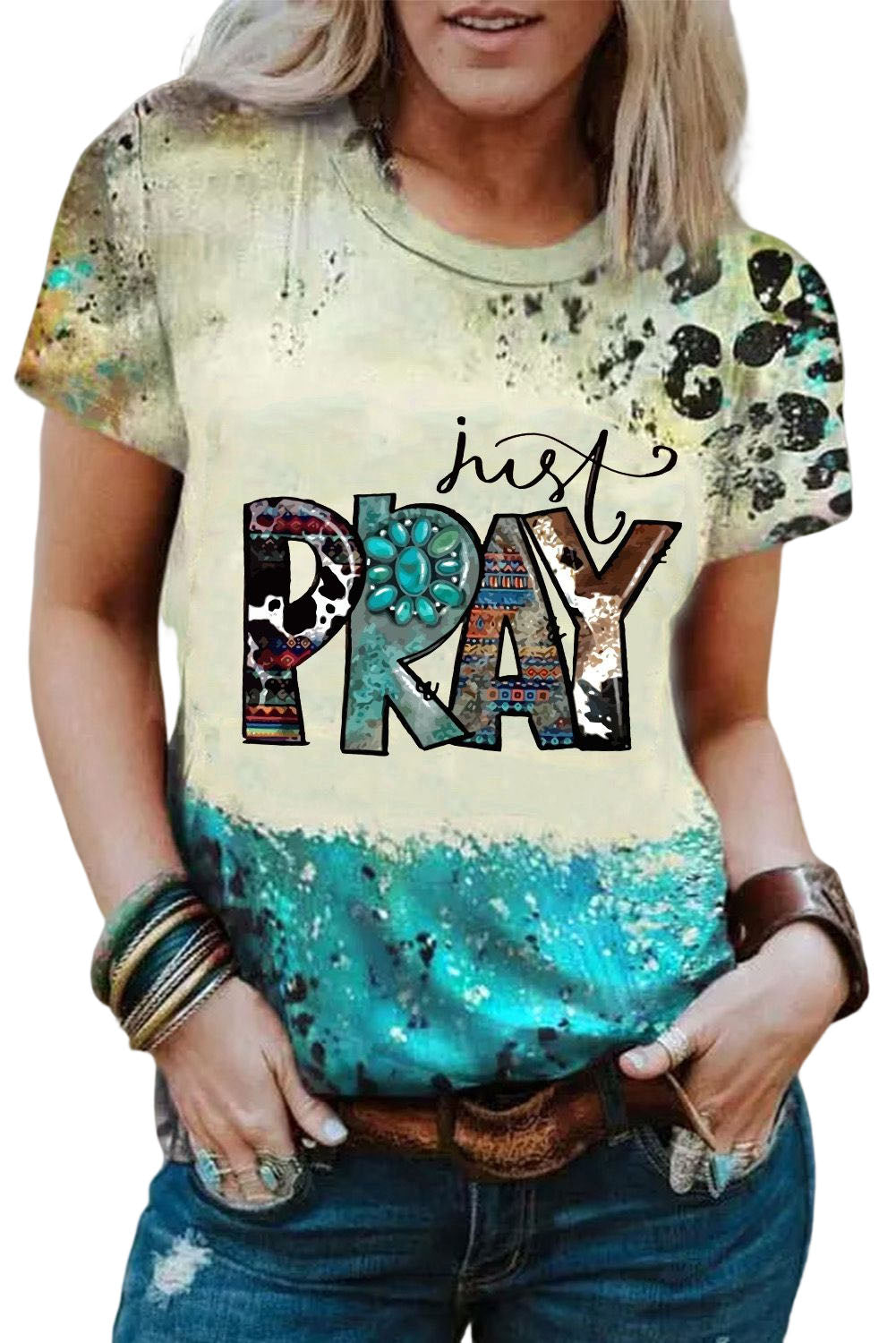 Sky Blue Western Fashion Mix Print just PRAY Graphic T Shirt Graphic Tees JT's Designer Fashion