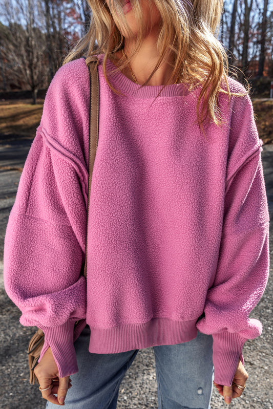 Bright Pink Sherpa Seamed Drop Shoulder Oversized Sweatshirt Sweatshirts & Hoodies JT's Designer Fashion