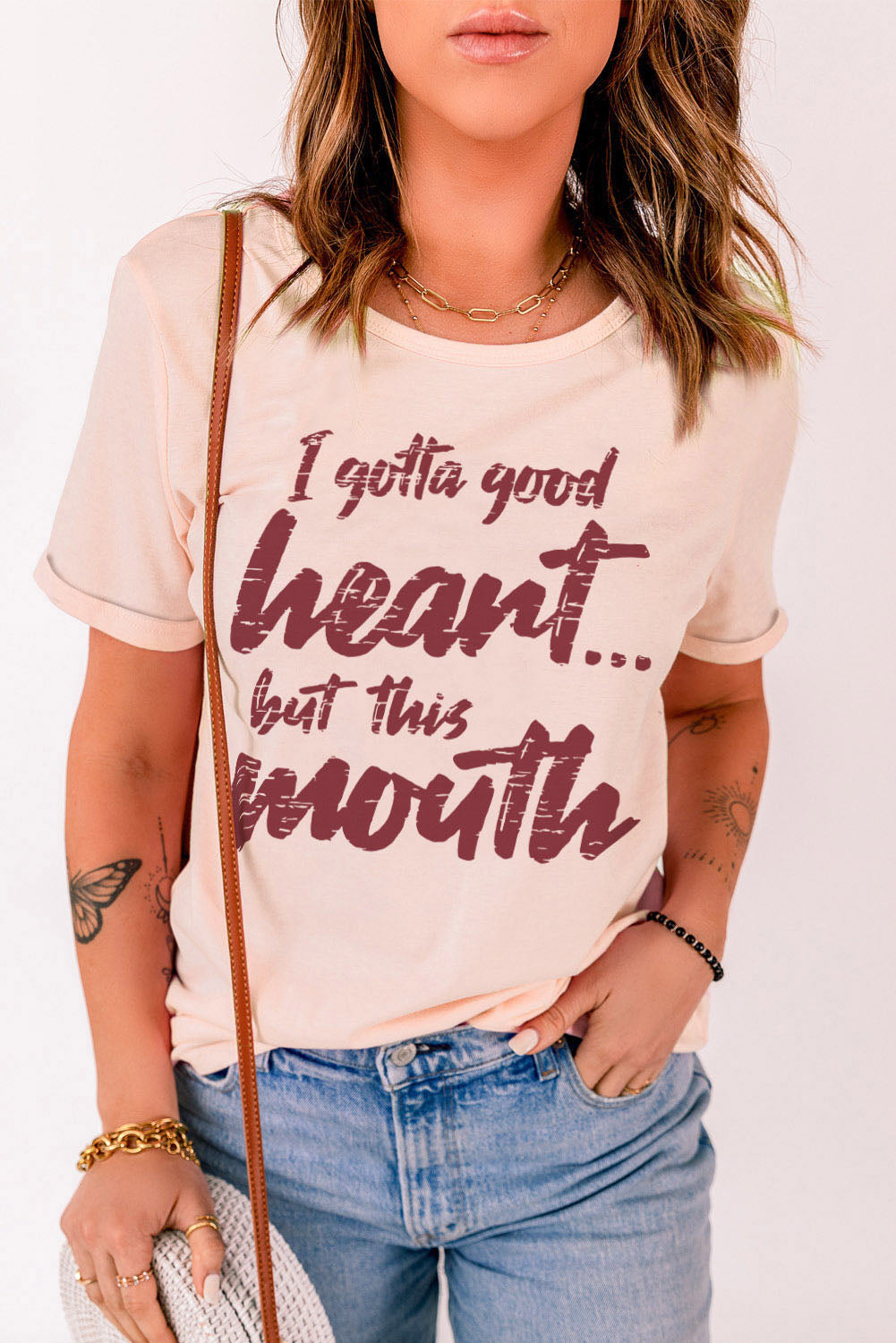 Pink I Gotta Good Heart But This Mouth Slogan Graphic Tee Graphic Tees JT's Designer Fashion