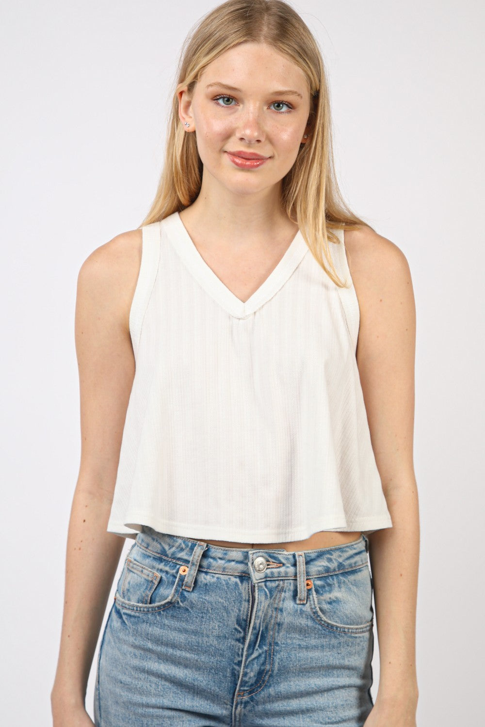 VERY J V-Neck Knit Swing Cropped Tank White Tank Tops JT's Designer Fashion