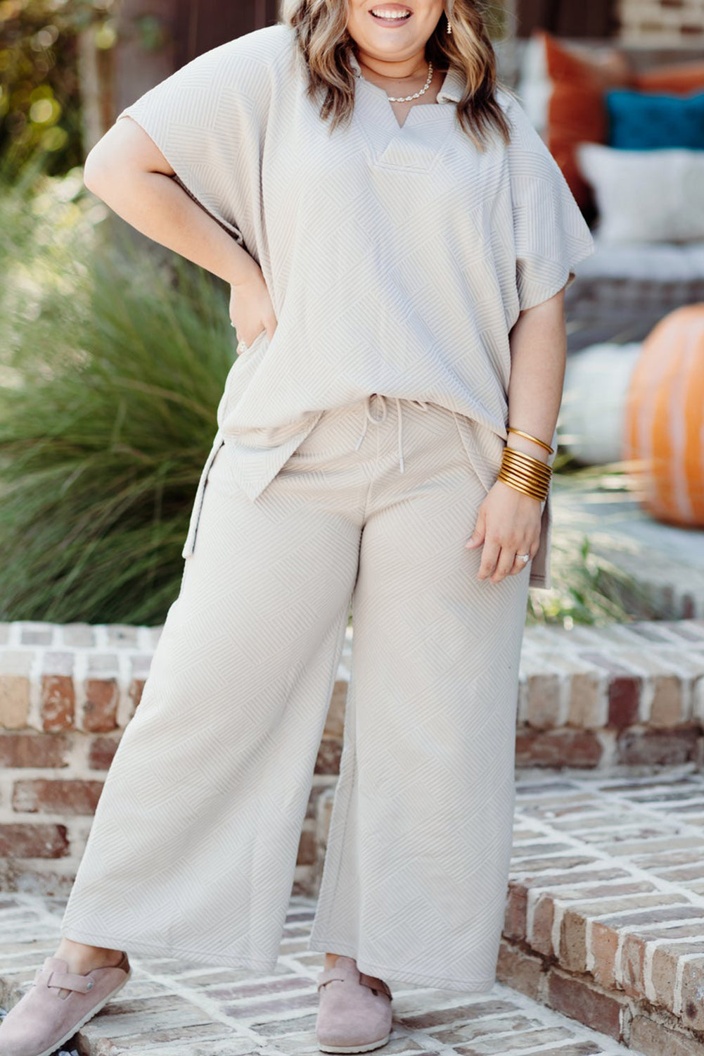 Beige Plus Size Textured Collared Top and Pants Set Plus Size JT's Designer Fashion