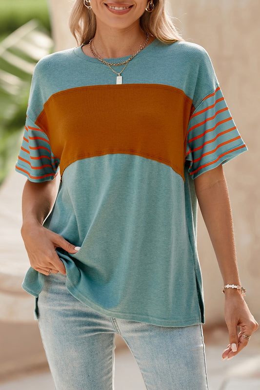 Striped Round Neck Short Sleeve T-Shirt Turquoise T-Shirts JT's Designer Fashion