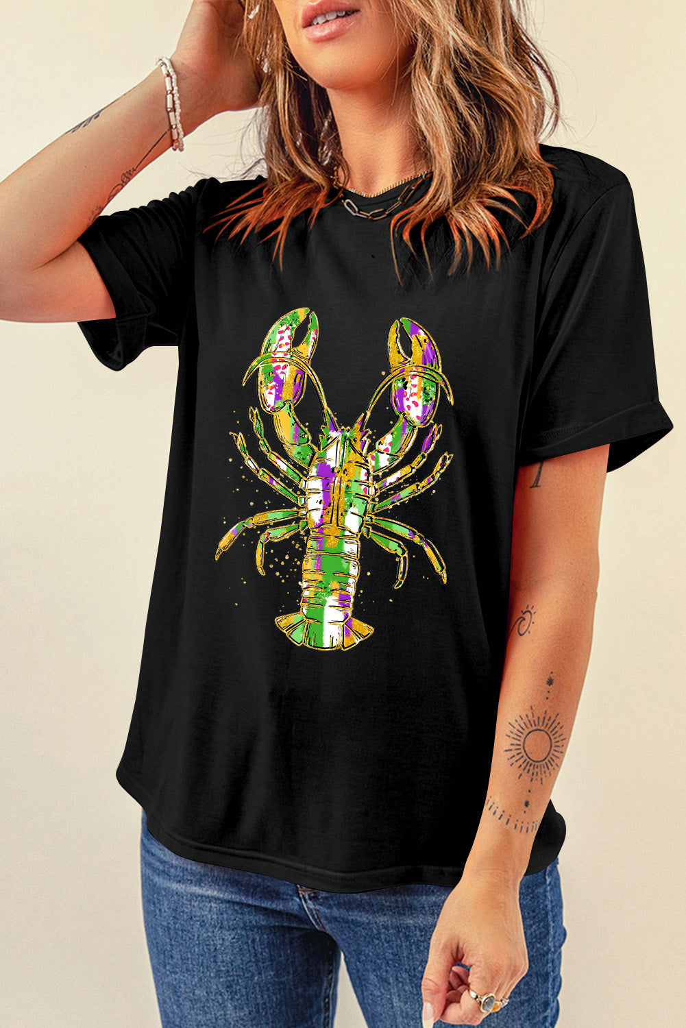 Black Mardi Gras Lobster Heat Transfer Graphic T Shirt Graphic Tees JT's Designer Fashion